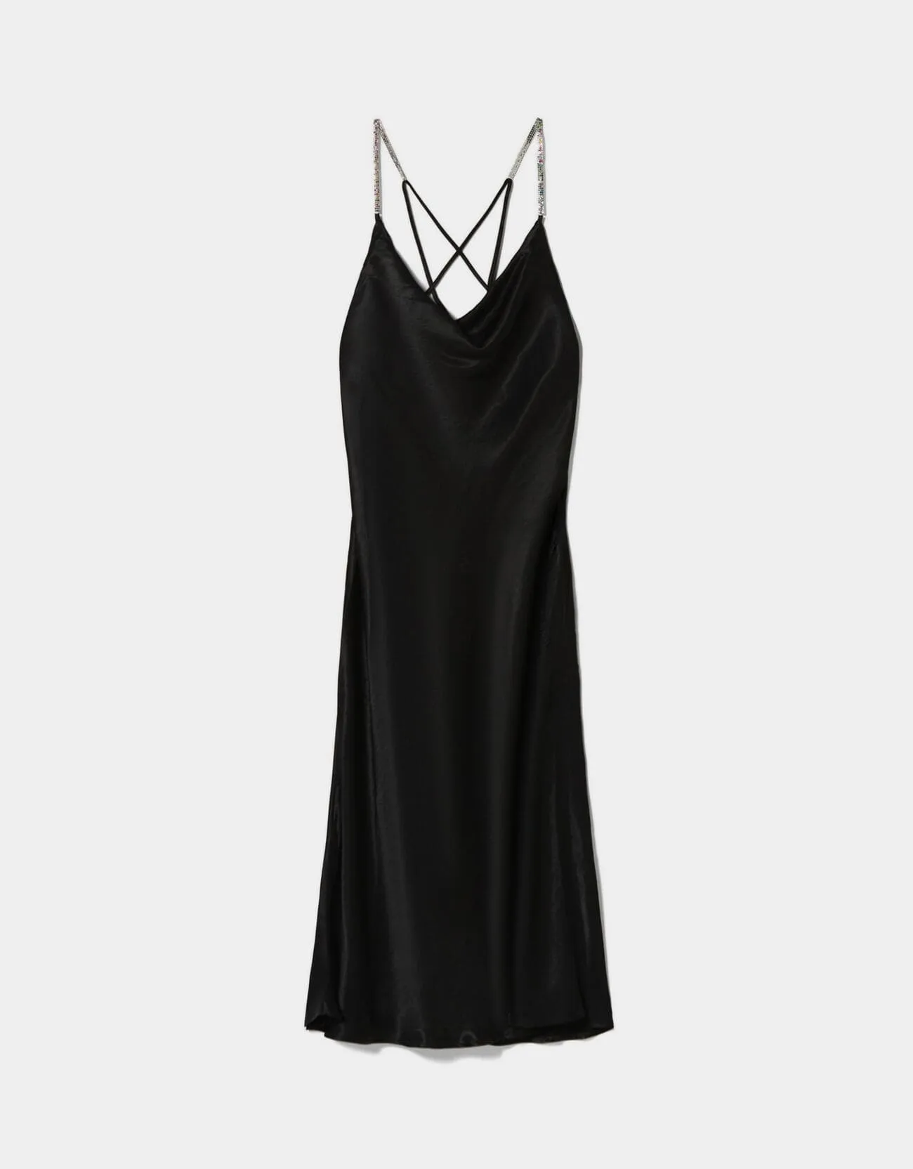 Satiniertes Midikleid mit Trägern und Strass